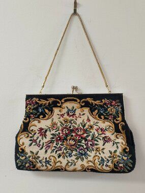 Vintage Du Val Victorian Floral Tapestry Gold Tone Kiss Lock Clutch Purse